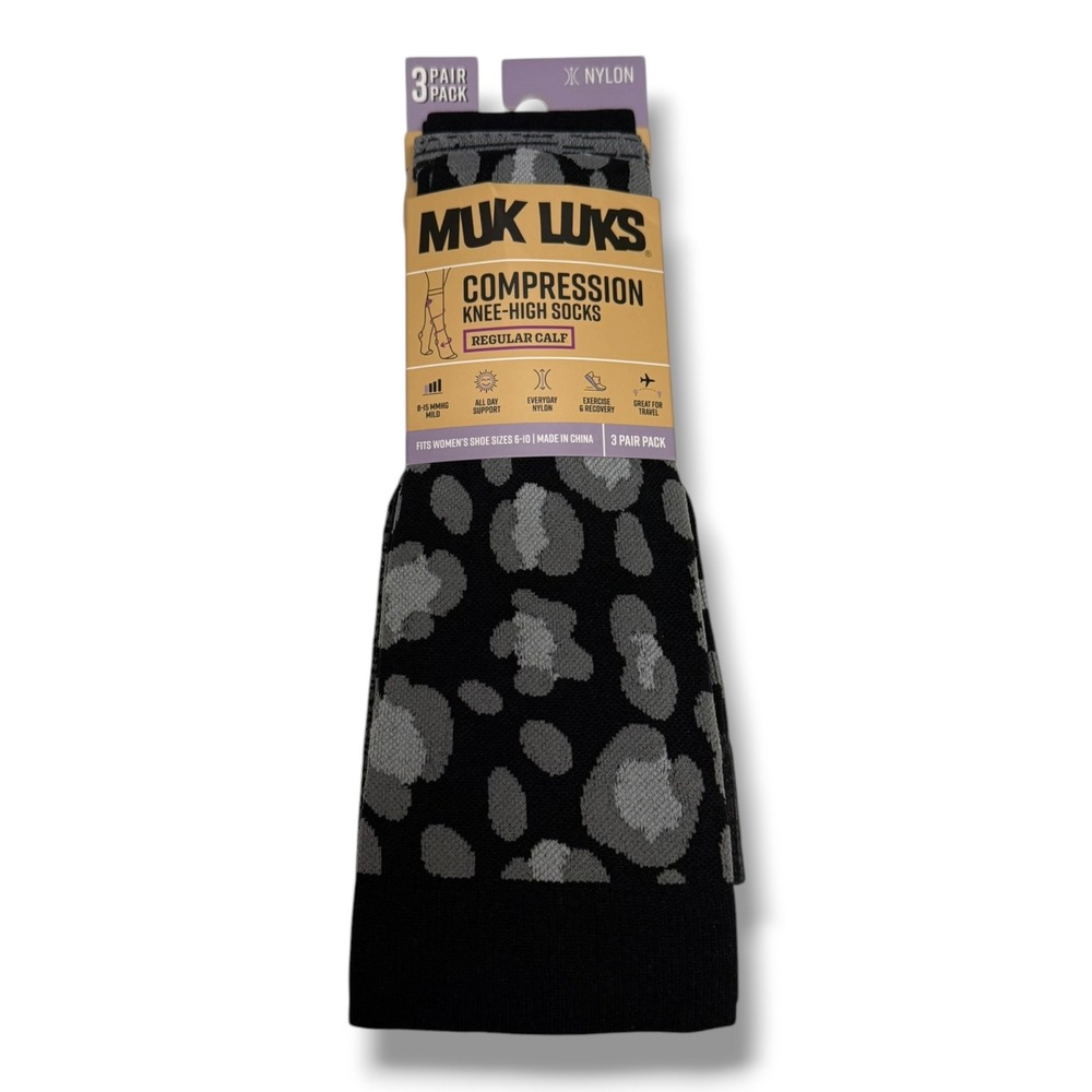 Muk Luks Women's 3 Pair Compression Knee High Socks Black Gray Leopard 8-15 mmHg